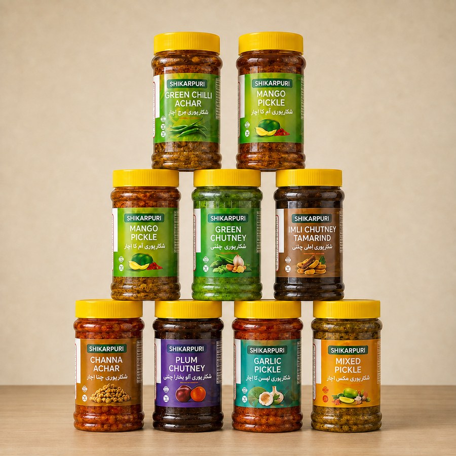 Shikarpuri Achar range — Mango Pickle, Green Chilli Achar, Green Chutney, Imli Chutney, Channa Achar, Plum Chutney, Garlic Pickle and Mixed Pickle jars